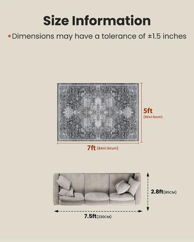 Alt view image 2 of 7 - AMADA HOMEFURNISHING 5x7 Area Rugs, Washable Living Room Rug Low-Profile with Non-Slip Backing & Durable Edge Binding, Vintage 5x7 Rugs for Living Room, Bedroom, Dining Room