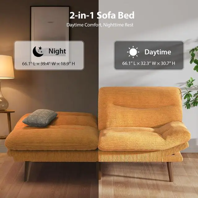 Alt view image 5 of 7 - Pipishell 66" Futon Sofa Bed, Convertible Corduroy Space-Saver Couch with Adjustable Back & Armrests, Recliner Sleeper for Small Apartments, Office, Guest Room (Orange)