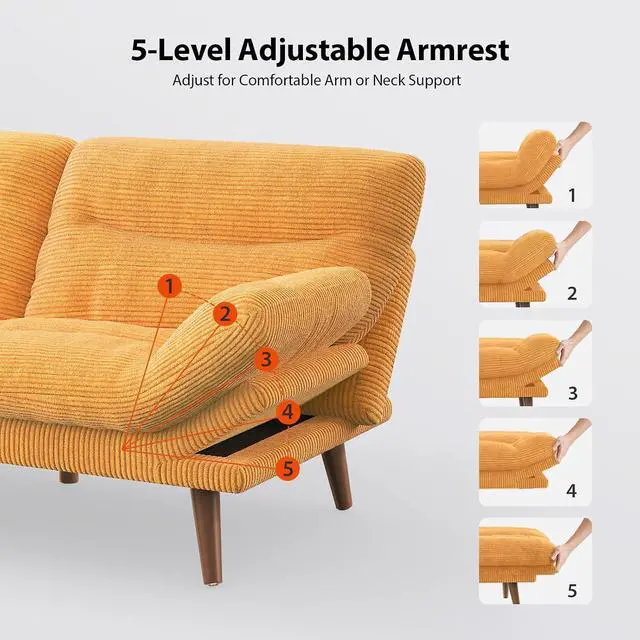 Alt view image 3 of 7 - Pipishell 66" Futon Sofa Bed, Convertible Corduroy Space-Saver Couch with Adjustable Back & Armrests, Recliner Sleeper for Small Apartments, Office, Guest Room (Orange)