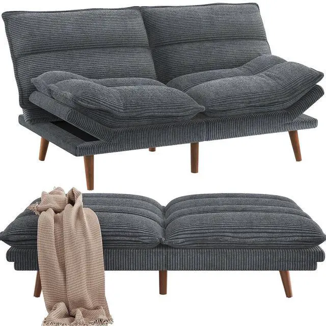 Main image of Pipishell Futon Sofa Bed, Convertible Futon Adjustable Backrest & Armrests, Corduroy Sleeper Couch for Small Spaces, Living Room, Office, Guest Room (Asphalt Grey, 66 Inch)