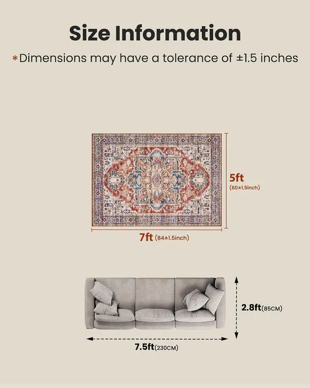 Alt view image 2 of 7 - AMADA HOMEFURNISHING 5x7 Area Rugs, Washable Living Room Rug Low-Profile with Non-Slip Backing & Durable Edge Binding, Vintage 5x7 Rugs for Living Room, Bedroom, Dinning Room