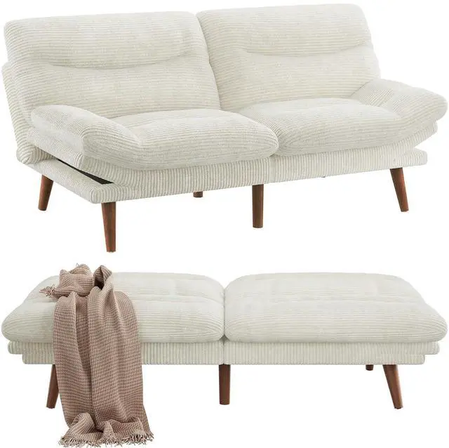 Main image of Pipishell Futon Sofa Bed, Modern 73" Futon Couch Convertible to Bed & Lounger, Compact Size, Corduroy Loveseat, Durable Construction - Fits Small Spaces, Apartments,Study Room (Beige White, 73 Inch)