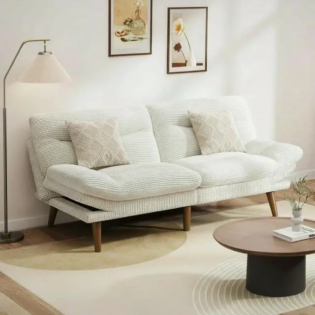 Alt view image 2 of 7 - Pipishell Futon Sofa Bed, Modern 66" Futon Couch Convertible to Bed & Lounger, Compact Size, Corduroy Loveseat, Durable Construction - Fits Small Spaces, Apartments,Study Room (Beige White, 66 Inch)