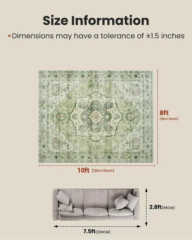 Alt view image 2 of 7 - AMADA HOMEFURNISHING 8x10 Area Rug, Washable Low-Profile Large Area Rug with Non-Slip Backing & Durable Edge Binding, Vintage Large Rugs for Living Room, Bedroom
