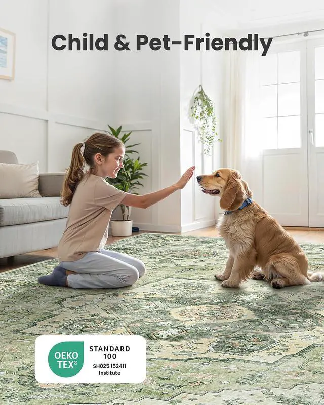 Alt view image 4 of 7 - AMADA HOMEFURNISHING 9x12 Area Rug, Washable Low-Profile Large Area Rug with Non-Slip Backing & Durable Edge Binding, Vintage Large Rugs for Living Room, Bedroom