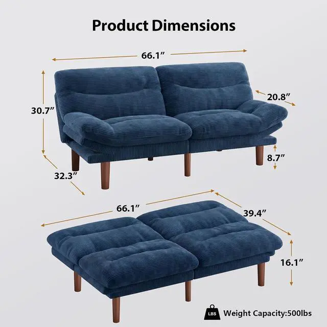 Alt view image 2 of 7 - Pipishell 66" Futon Sofa Bed, Convertible Corduroy Space-Saver Couch with Adjustable Back & Armrests, Recliner Sleeper for Small Apartments, Office, Guest Room (Blue)
