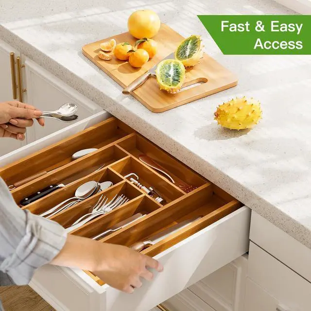 Alt view image 6 of 7 - Pipishell Bamboo Expandable Drawer Organizer for Utensils Holder, Adjustable Silverware Organizer Cutlery Tray, Drawer Dividers for Utensils, Flatware, Knives in Kitchen, Bedroom, Living Room Brown