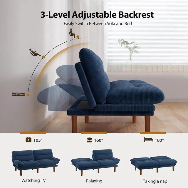 Alt view image 3 of 7 - Pipishell 66" Futon Sofa Bed, Convertible Corduroy Space-Saver Couch with Adjustable Back & Armrests, Recliner Sleeper for Small Apartments, Office, Guest Room (Blue)
