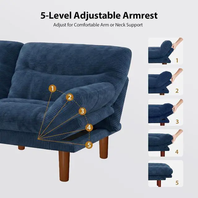 Alt view image 4 of 7 - Pipishell 66" Futon Sofa Bed, Convertible Corduroy Space-Saver Couch with Adjustable Back & Armrests, Recliner Sleeper for Small Apartments, Office, Guest Room (Blue)