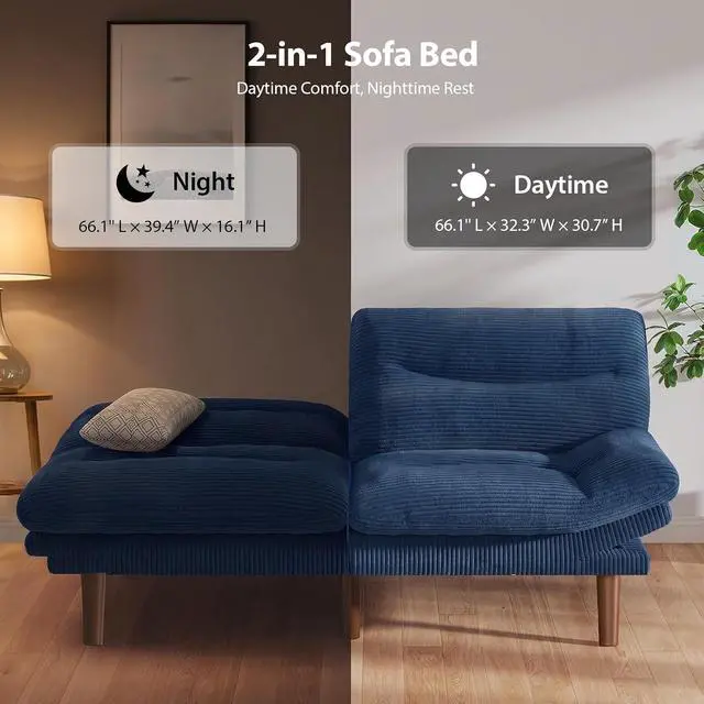Alt view image 5 of 7 - Pipishell 66" Futon Sofa Bed, Convertible Corduroy Space-Saver Couch with Adjustable Back & Armrests, Recliner Sleeper for Small Apartments, Office, Guest Room (Blue)