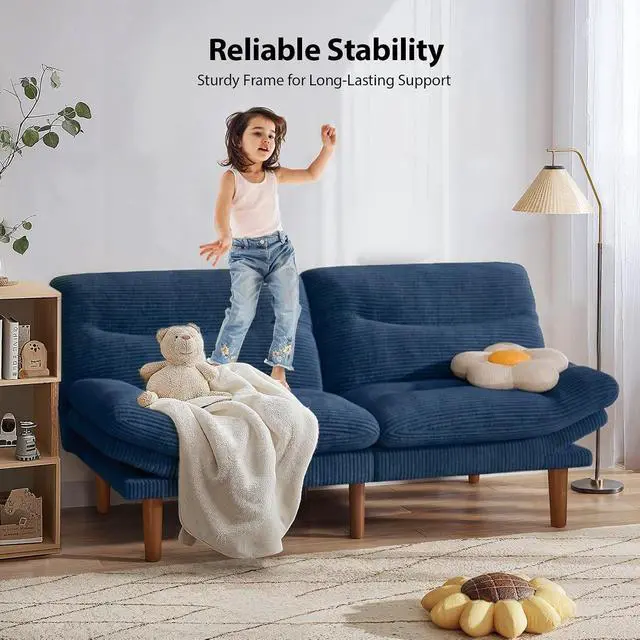 Alt view image 7 of 7 - Pipishell 66" Futon Sofa Bed, Convertible Corduroy Space-Saver Couch with Adjustable Back & Armrests, Recliner Sleeper for Small Apartments, Office, Guest Room (Blue)