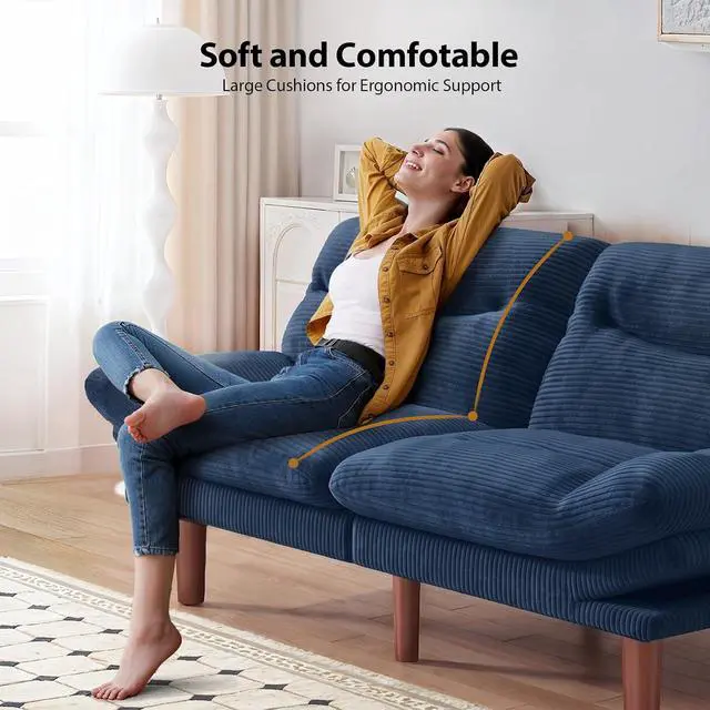 Alt view image 6 of 7 - Pipishell 66" Futon Sofa Bed, Convertible Corduroy Space-Saver Couch with Adjustable Back & Armrests, Recliner Sleeper for Small Apartments, Office, Guest Room (Blue)