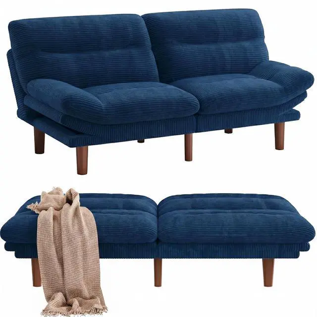 Main image of Pipishell Futon Sofa Bed, Modern 66" Futon Couch Convertible to Bed & Lounger, Compact Size, Corduroy Loveseat, Durable Construction - Fits Small Spaces, Apartments,Study Room (Blue, 66 Inch)