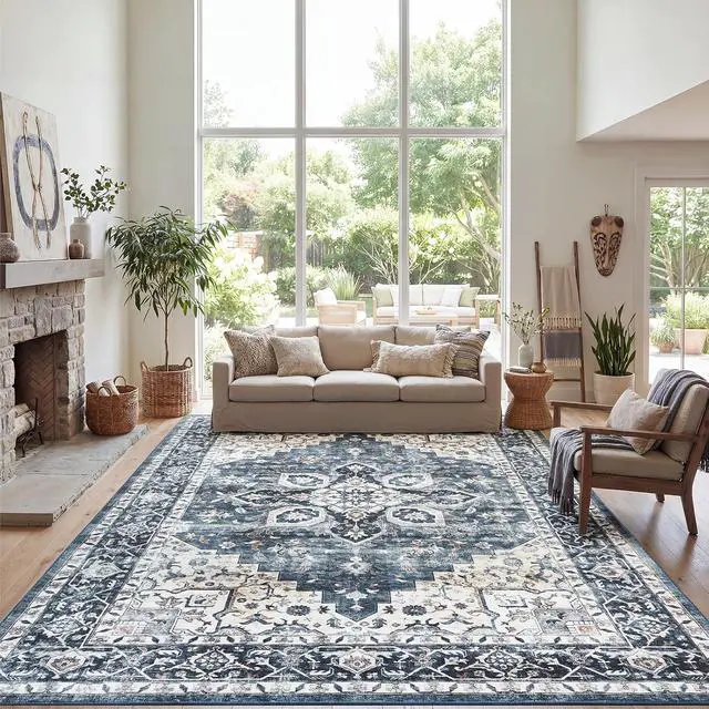 Alt view image 6 of 7 - AMADA HOMEFURNISHING 9x12 Washable Area Rug, Low-Profile Large Area Rug with Non-Slip Backing & Durable Edge Binding, Vintage Large Rugs for Living Room, Bedroom & Dinning Room
