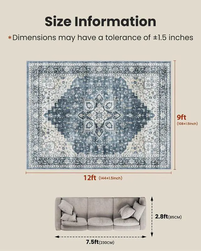 Alt view image 2 of 7 - AMADA HOMEFURNISHING 9x12 Washable Area Rug, Low-Profile Large Area Rug with Non-Slip Backing & Durable Edge Binding, Vintage Large Rugs for Living Room, Bedroom & Dinning Room