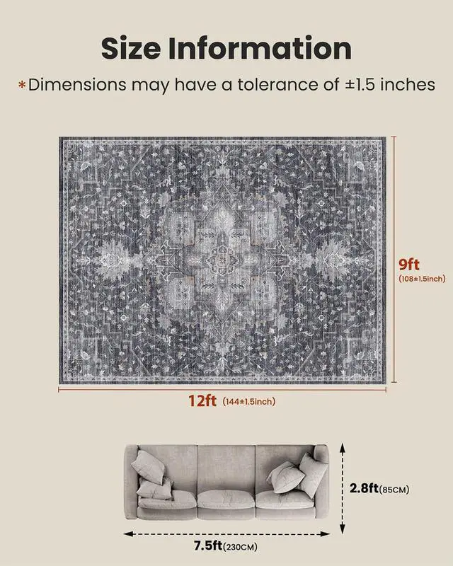 Alt view image 2 of 7 - AMADA HOMEFURNISHING 9x12 Washable Area Rug, Low-Profile Large Area Rug with Non-Slip Backing & Durable Edge Binding, Vintage Large Rugs for Living Room, Bedroom & Dining Room