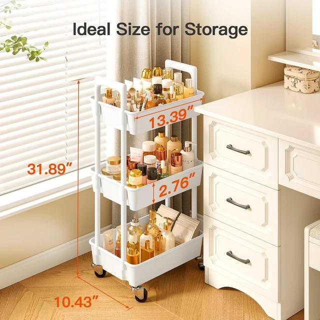 Alt view image 4 of 7 - Pipishell 2-Pack Utility Bundle, 3-Tier Rolling Storage Cart + C-Shaped End Table for Couch, Space-Saving Organizer for Kitchen, Living Room & Home Office