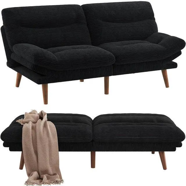 Main image of Pipishell Futon Sofa Bed, Modern 66" Futon Couch Convertible to Bed & Lounger, Compact Size, Corduroy Loveseat, Durable Construction - Fits Small Spaces, Apartments,Study Room(Ink Black, 66 Inch)