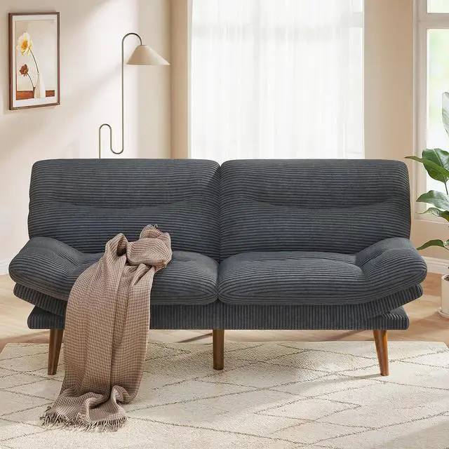 Main image of Pipishell 75" Futon Sofa Bed, Convertible Corduroy Space-Saver Couch with Adjustable Back & Armrests, Recliner Sleeper for Small Apartments, Office, Guest Room (Grey)