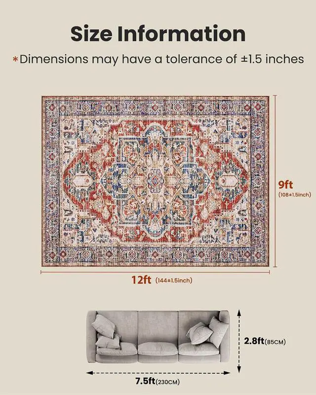 Alt view image 2 of 7 - AMADA HOMEFURNISHING 9x12 Washable Area Rug, Low-Profile Large Area Rug with Non-Slip Backing & Durable Edge Binding, Vintage Large Rugs for Living Room, Bedroom & Dinning Room