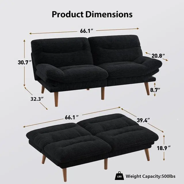 Alt view image 2 of 7 - Pipishell 66" Futon Sofa Bed, Convertible Corduroy Space-Saver Couch with Adjustable Back & Armrests, Recliner Sleeper for Small Apartments, Office, Guest Room (Black)