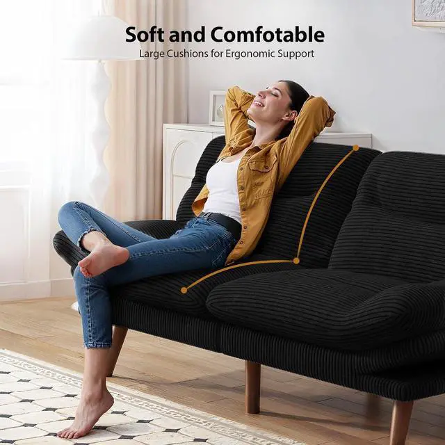 Alt view image 3 of 7 - PERLECARE Convertible Futon Sofa Bed, 66" Corduroy Futon Couch with Adjustable Backrest and Armrests, 3-in-1Recliner Sleeper Sofa for Small Spaces, Play Room,Living Room or Office66 in,Black