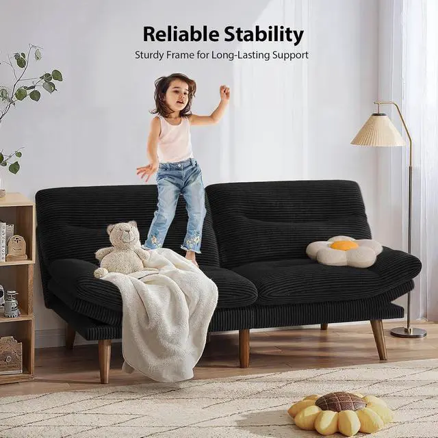Alt view image 4 of 7 - PERLECARE Convertible Futon Sofa Bed, 66" Corduroy Futon Couch with Adjustable Backrest and Armrests, 3-in-1Recliner Sleeper Sofa for Small Spaces, Play Room,Living Room or Office66 in,Black