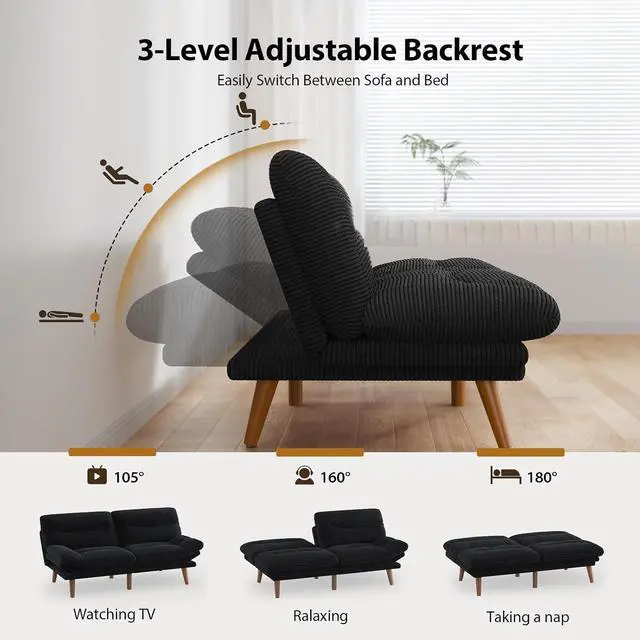 Alt view image 5 of 7 - PERLECARE Convertible Futon Sofa Bed, 66" Corduroy Futon Couch with Adjustable Backrest and Armrests, 3-in-1Recliner Sleeper Sofa for Small Spaces, Play Room,Living Room or Office66 in,Black