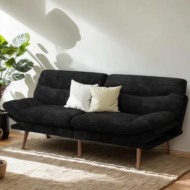 Main image of PERLECARE Convertible Futon Sofa Bed, 66" Corduroy Futon Couch with Adjustable Backrest and Armrests, 3-in-1Recliner Sleeper Sofa for Small Spaces, Play Room,Living Room or Office66 in,Black