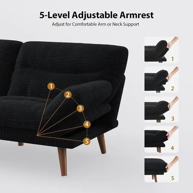 Alt view image 6 of 7 - PERLECARE Convertible Futon Sofa Bed, 66" Corduroy Futon Couch with Adjustable Backrest and Armrests, 3-in-1Recliner Sleeper Sofa for Small Spaces, Play Room,Living Room or Office66 in,Black