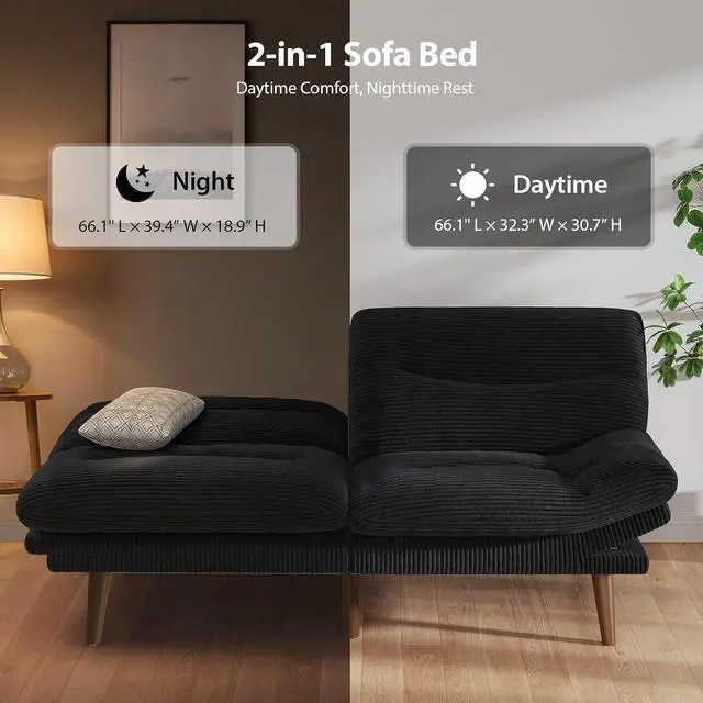 Alt view image 7 of 7 - PERLECARE Convertible Futon Sofa Bed, 66" Corduroy Futon Couch with Adjustable Backrest and Armrests, 3-in-1Recliner Sleeper Sofa for Small Spaces, Play Room,Living Room or Office66 in,Black