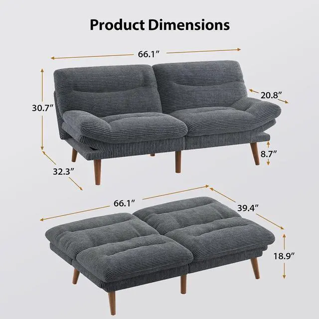 Alt view image 2 of 7 - Pipishell Futon Sofa Bed, 66 Inch Corduroy Futon Couch Convertible with Adjustable Backrest and Armrests, Recliner Sleeper Sofa for Small Spaces, Living Room, Office, Guest Room (Grey, 66 Inch)