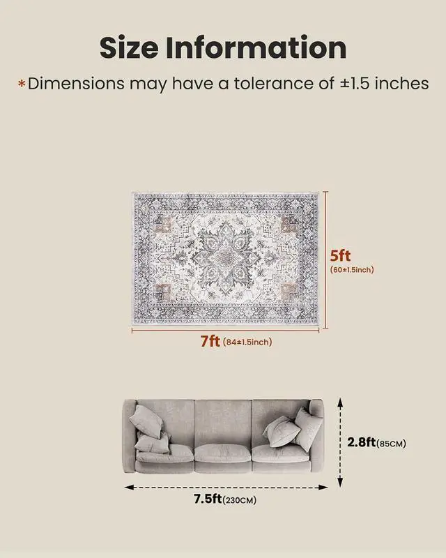 Alt view image 2 of 7 - AMADA HOMEFURNISHING 5x7 Area Rugs, Washable Living Room Rug Low-Profile with Non-Slip Backing & Durable Edge Binding, Vintage 5x7 Rugs for Living Room, Bedroom, Dinning Room