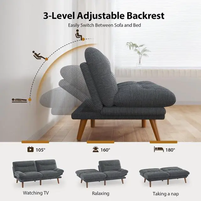 Alt view image 4 of 7 - Pipishell Futon Sofa Bed, 66 Inch Corduroy Futon Couch Convertible with Adjustable Backrest and Armrests, Recliner Sleeper Sofa for Small Spaces, Living Room, Office, Guest Room (Grey, 66 Inch)