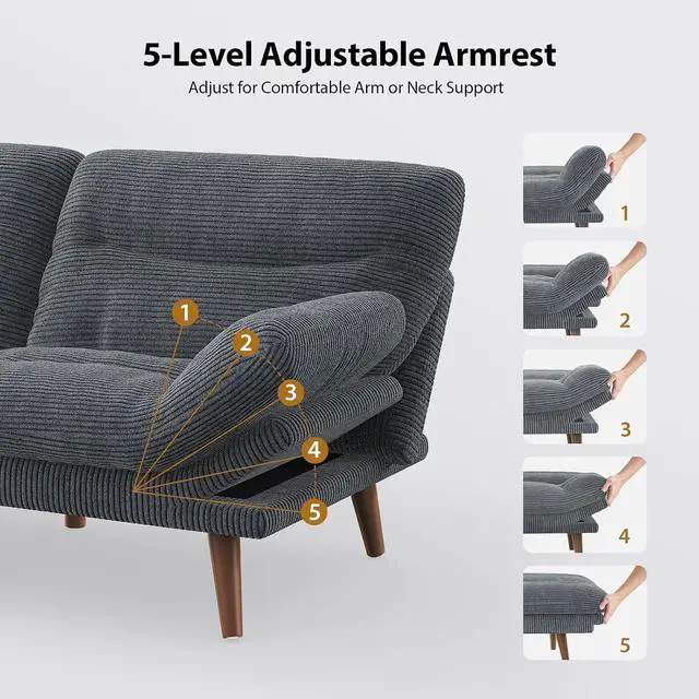 Alt view image 5 of 7 - Pipishell Futon Sofa Bed, 66 Inch Corduroy Futon Couch Convertible with Adjustable Backrest and Armrests, Recliner Sleeper Sofa for Small Spaces, Living Room, Office, Guest Room (Grey, 66 Inch)