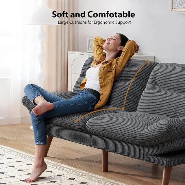 Alt view image 7 of 7 - Pipishell Futon Sofa Bed, 66 Inch Corduroy Futon Couch Convertible with Adjustable Backrest and Armrests, Recliner Sleeper Sofa for Small Spaces, Living Room, Office, Guest Room (Grey, 66 Inch)