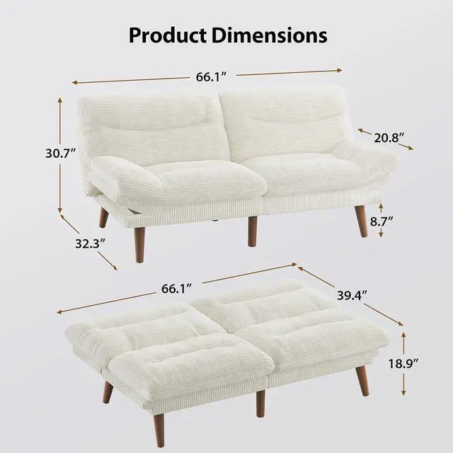 Alt view image 2 of 7 - Pipishell Futon Sofa Bed, Convertible Corduroy Space Saving Couch with Adjustable Back & Armrests, Sleeper Sofa for Small Apartments, Office, Guest Room (White 66inch)
