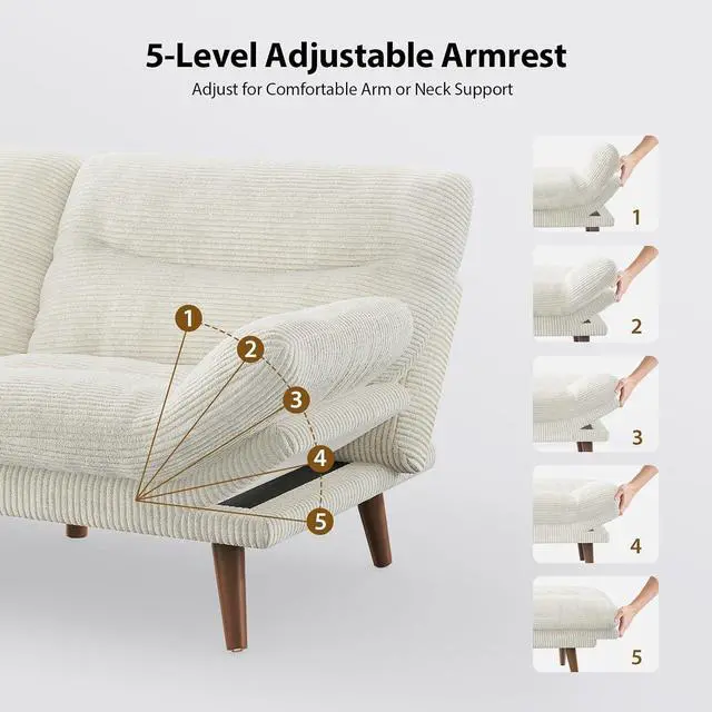 Alt view image 3 of 7 - Pipishell Futon Sofa Bed, Convertible Corduroy Space Saving Couch with Adjustable Back & Armrests, Sleeper Sofa for Small Apartments, Office, Guest Room (White 66inch)
