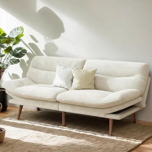Main image of PERLECARE Convertible Futon Sofa Bed, 66" Corduroy Futon Couch with Adjustable Backrest and Armrests, 3-in-1Recliner Sleeper Sofa for Small Spaces, Play Room,Living Room or Office66 in,White
