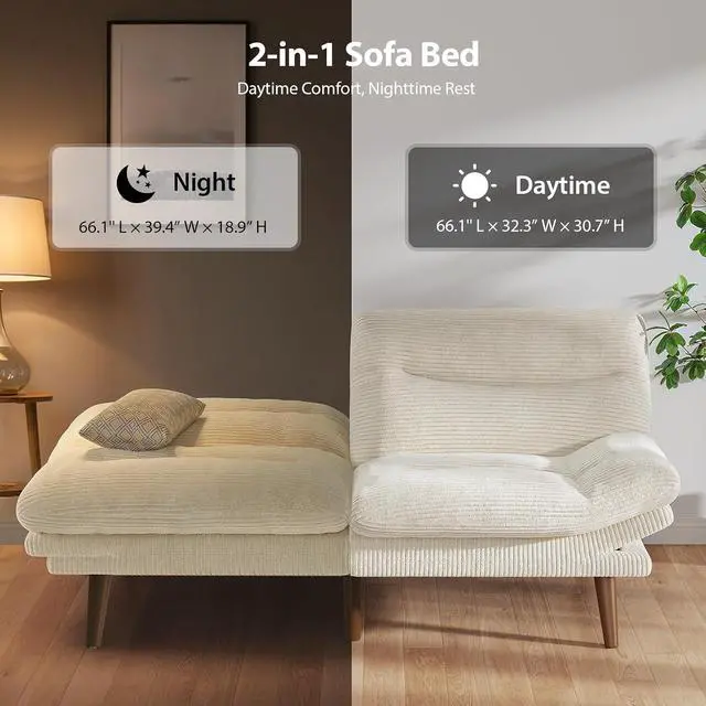 Alt view image 5 of 7 - Pipishell Futon Sofa Bed, Convertible Corduroy Space Saving Couch with Adjustable Back & Armrests, Sleeper Sofa for Small Apartments, Office, Guest Room (White 66inch)