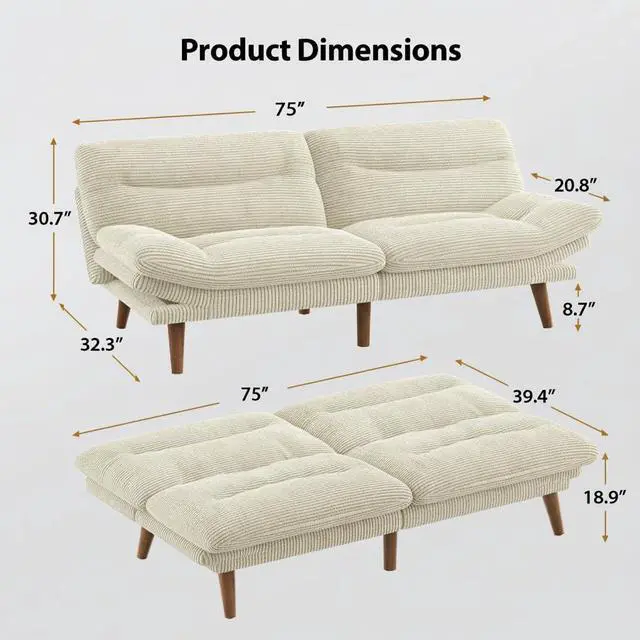 Alt view image 2 of 7 - Pipishell Futon Sofa Bed, 75 Inch Corduroy Futon Couch Convertible with Adjustable Backrest and Armrests, Recliner Sleeper Sofa for Small Spaces, Living Room, Office, Guest Room (White, 75 Inch)