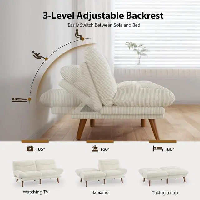 Alt view image 4 of 7 - Pipishell Futon Sofa Bed, Convertible Corduroy Space Saving Couch with Adjustable Back & Armrests, Sleeper Sofa for Small Apartments, Office, Guest Room (White 66inch)