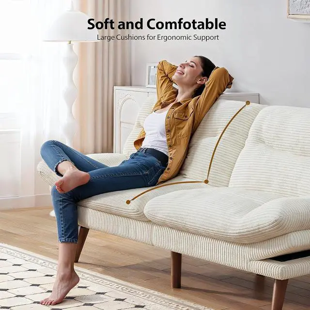 Alt view image 6 of 7 - Pipishell Futon Sofa Bed, Convertible Corduroy Space Saving Couch with Adjustable Back & Armrests, Sleeper Sofa for Small Apartments, Office, Guest Room (White 66inch)