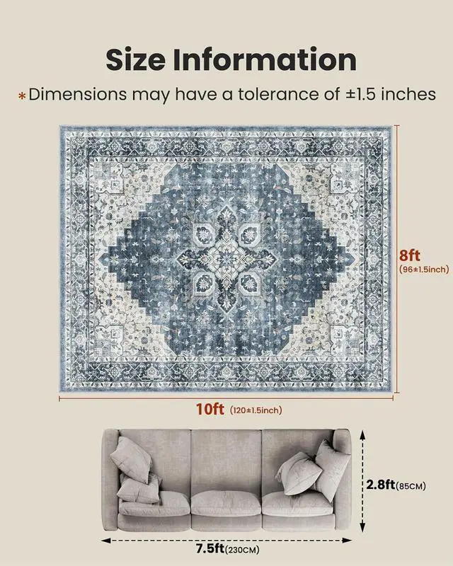 Alt view image 2 of 7 - AMADA HOMEFURNISHING 8x10 Washable Area Rug, Low-Profile with Non-Slip Backing & Durable Edge Binding, Vintage Large Rugs for Living Room, Bedroom, Dining Room, Blue