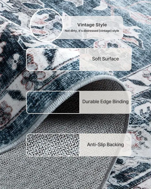 Alt view image 5 of 7 - AMADA HOMEFURNISHING 9x12 Washable Area Rug, Low-Profile Large Area Rug with Non-Slip Backing & Durable Edge Binding, Vintage Large Rugs for Living Room, Bedroom & Dinning Room