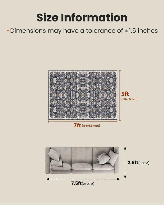 Alt view image 2 of 7 - AMADA HOMEFURNISHING 5x7 Area Rugs, Washable Living Room Rug Low-Profile with Non-Slip Backing & Durable Edge Binding, Vintage 5x7 Rugs for Living Room, Bedroom, Dining Room
