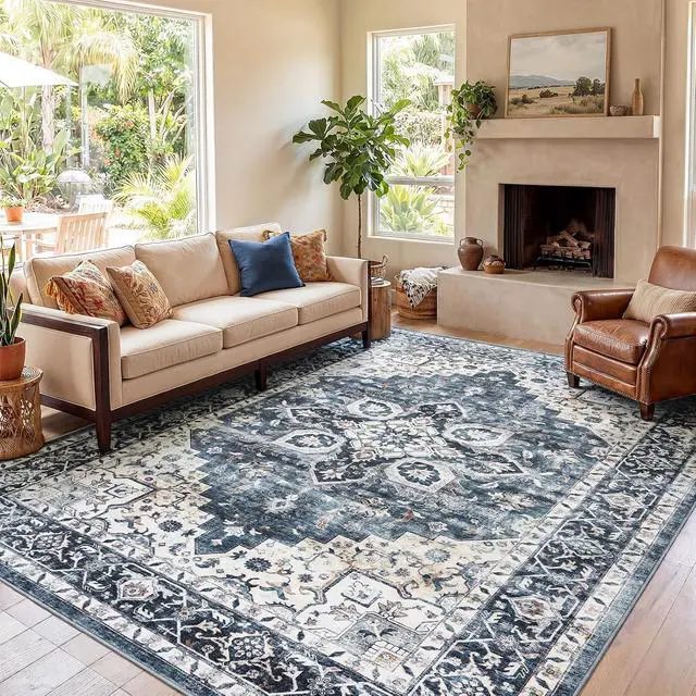 Alt view image 6 of 7 - AMADA HOMEFURNISHING 8x10 Washable Area Rug, Low-Profile with Non-Slip Backing & Durable Edge Binding, Vintage Large Rugs for Living Room, Bedroom, Dining Room, Blue