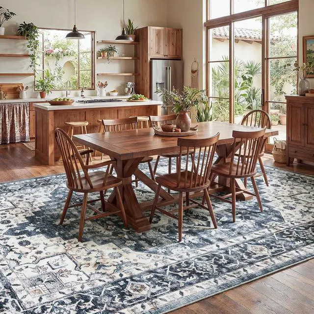 Alt view image 7 of 7 - AMADA HOMEFURNISHING 8x10 Washable Area Rug, Low-Profile with Non-Slip Backing & Durable Edge Binding, Vintage Large Rugs for Living Room, Bedroom, Dining Room, Blue