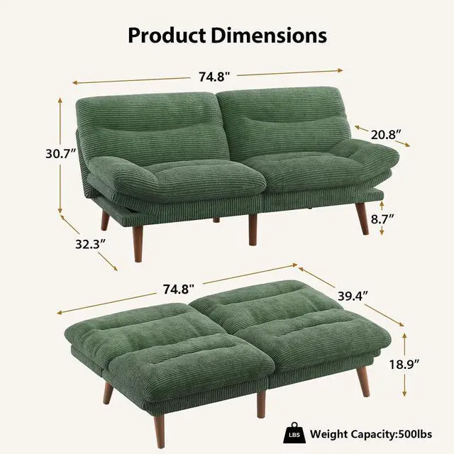 Alt view image 2 of 7 - PERLECARE Convertible Futon Sofa Bed, 73" Corduroy Futon Couch with Adjustable Backrest and Armrests, 3-in-1Recliner Sleeper Sofa for Small Spaces, Play Room,Living Room or Office73in,Green
