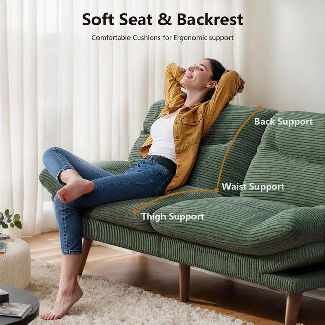 Alt view image 4 of 7 - PERLECARE Convertible Futon Sofa Bed, 73" Corduroy Futon Couch with Adjustable Backrest and Armrests, 3-in-1Recliner Sleeper Sofa for Small Spaces, Play Room,Living Room or Office73in,Green